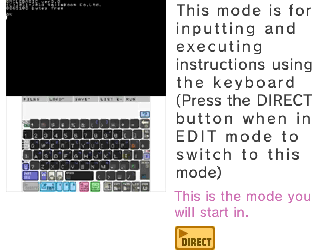 キーボードから命令を入力し、実行するモードです（EDITモードからDIRECTボタンで切り替え）。最初はこのモードです。