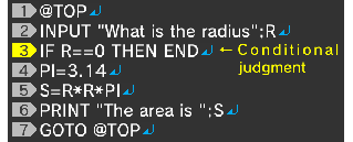 @TOP↵ INPUT "What is the radius";R↵ IF R==0 THEN END↵…
